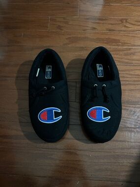 Champion Black Slip-On Slippers with Blue & Red Logo